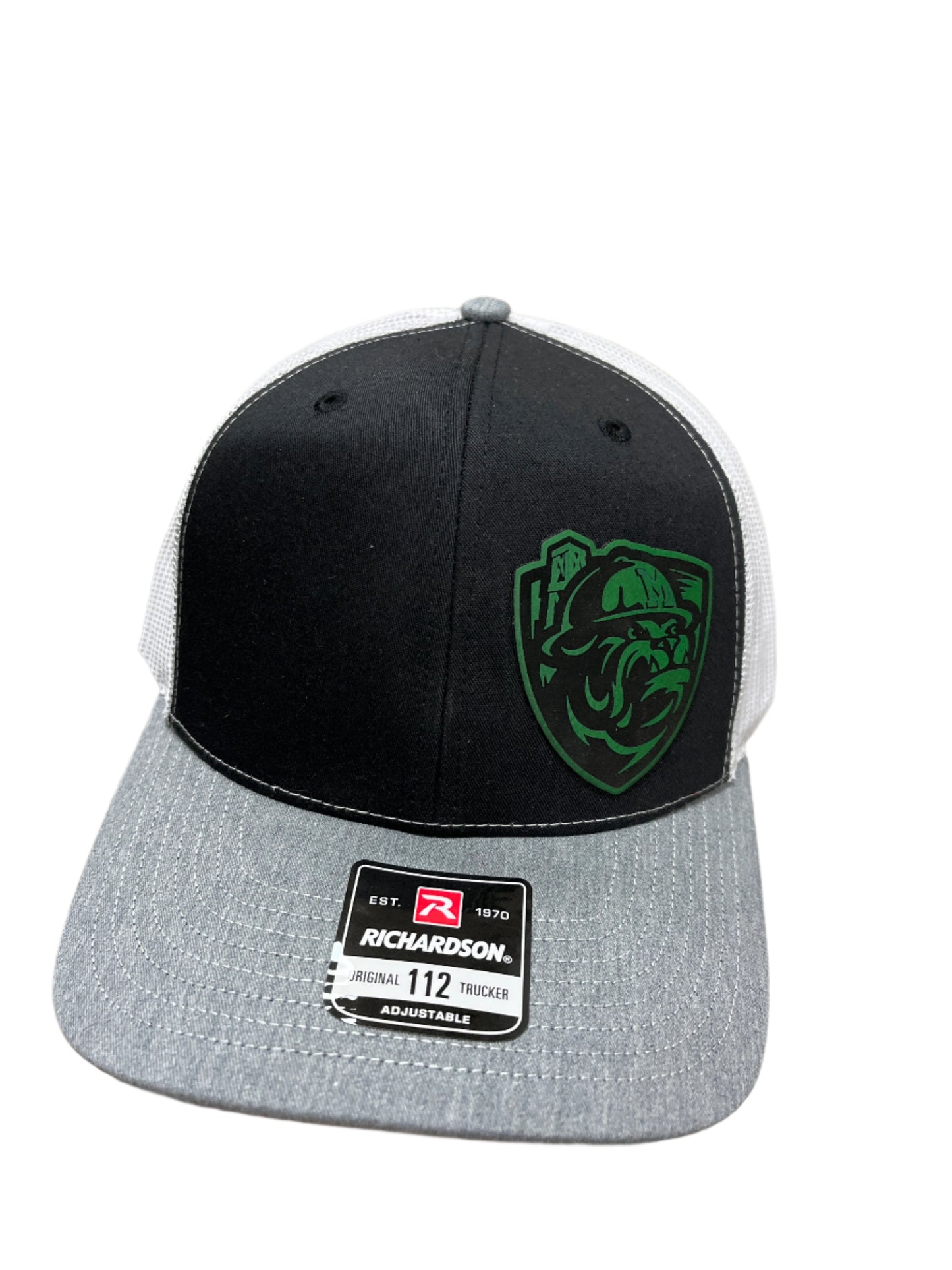 BLACK/WHITE/GREY HAT WITH OFF CENTER GREEN ROUGHER PATCH
