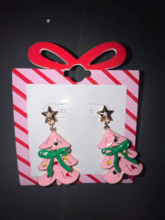 CHRISTMAS TREE W/ RIBBON POST EARRING - PINK/GOLD