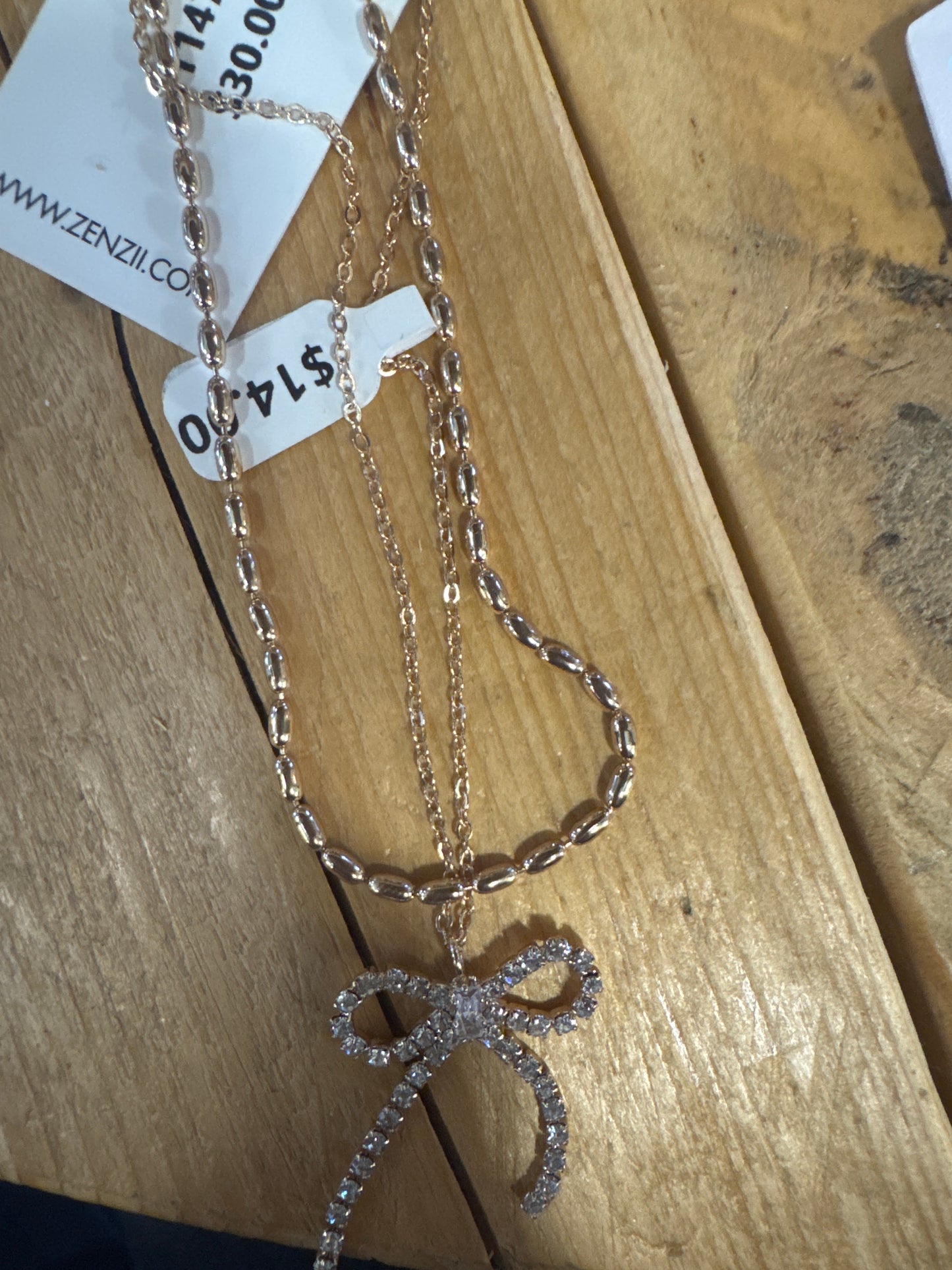 GOLD CHAIN W/RHINESTONE BOW 16-18" NECKLACE