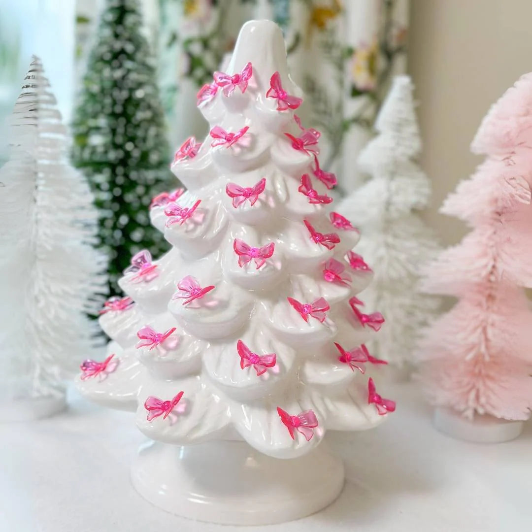 14.25" CERAMIC IRIDESCENT WHITE & PINK BOWS TREE
