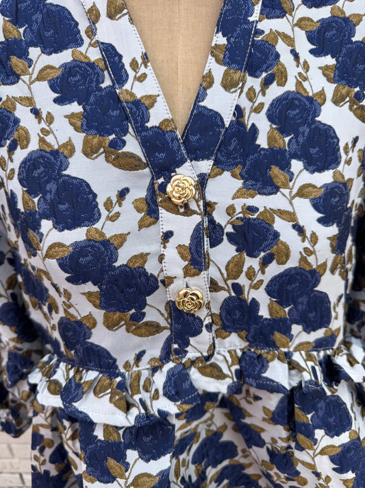 Navy Blue Floral Jacquard Dress