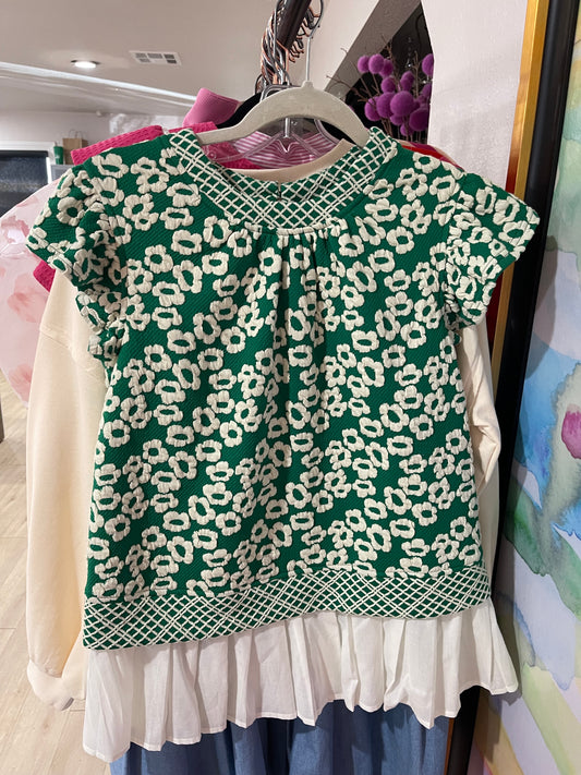 Green Floral Pattern Blouse with Pleating