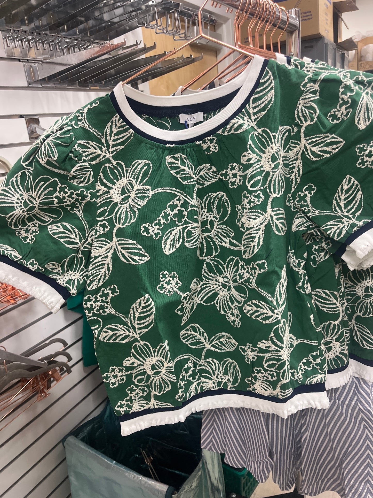 GREEN STRIPED RIB BAND DETAIL FLORAL EMBROIDERED TOP
