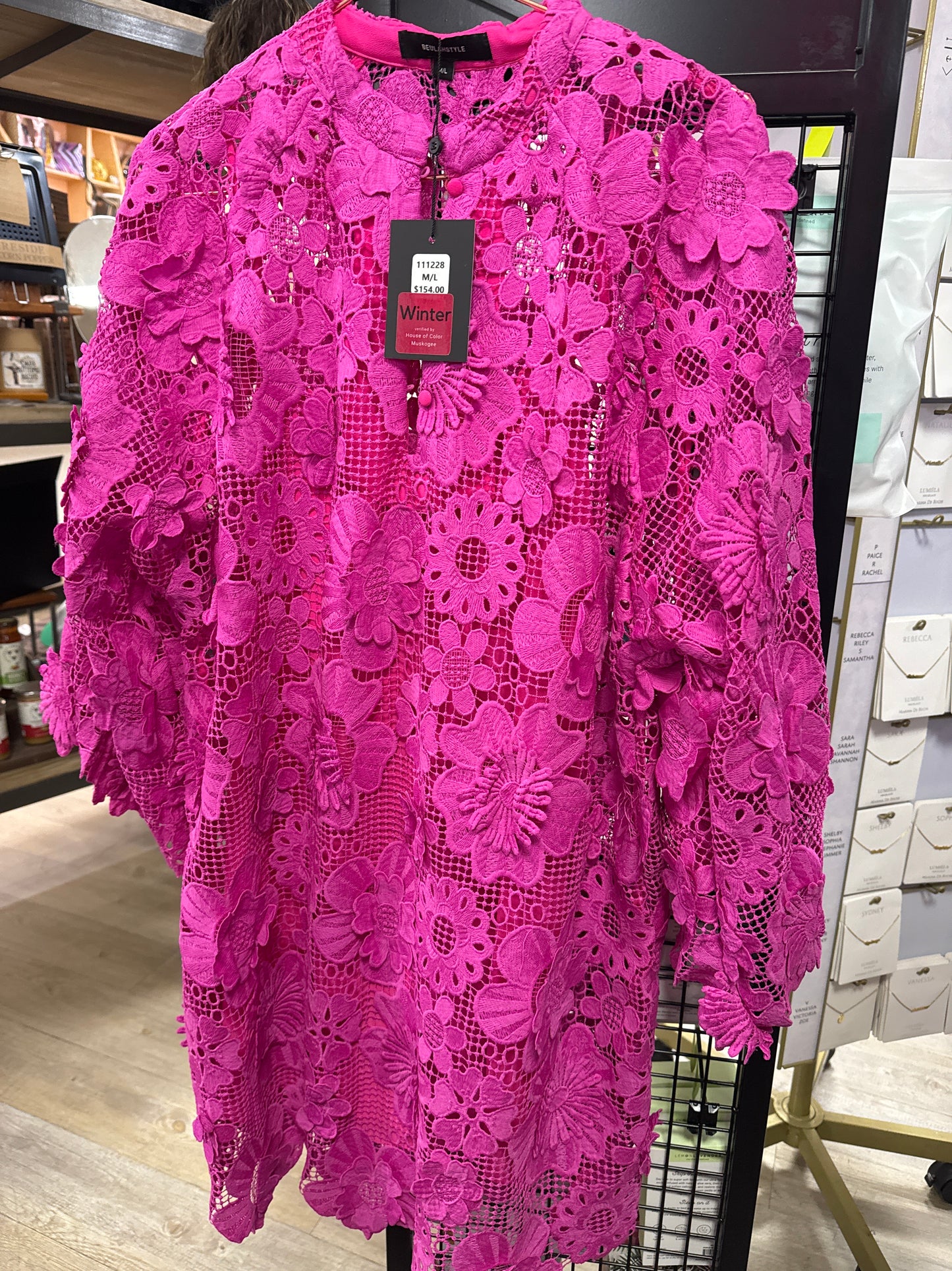 FUCHSIA EMBROIDERED LACE DRESS W/ SLIP