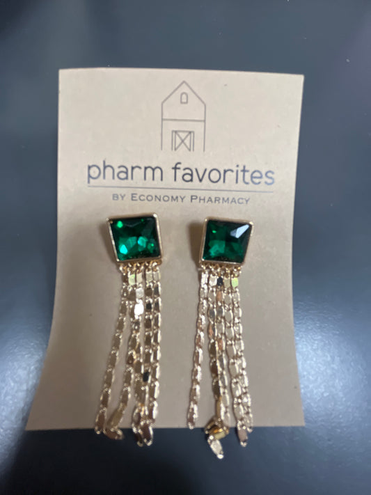 EMERALD GREEN RHINESTONE AND GOLD CHAIN TASSEL 2" EARRING