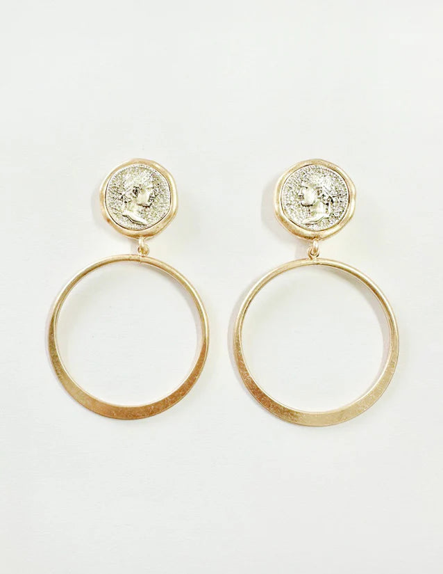 Two Tone Coin with Open Worn Gold Circle 2" Drop Earring