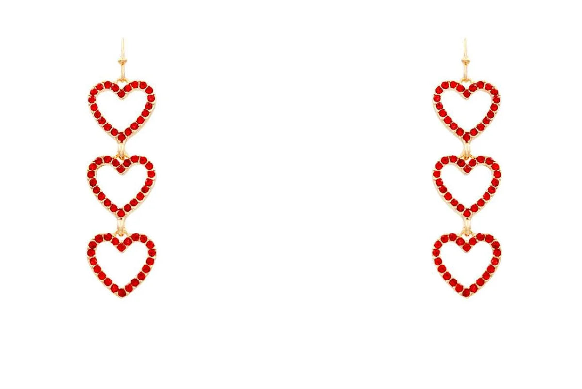Gold Red Rhinestone Heart Triple Drop 2" Earring