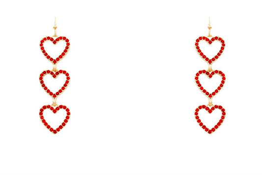 Gold Red Rhinestone Heart Triple Drop 2" Earring