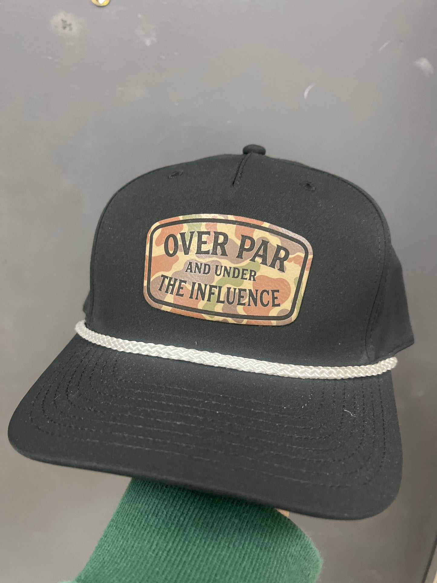 BLACK WITH WHITE ROPE HAT - OVER PAR AND UNDER INFLUENCE CAMO PATCH
