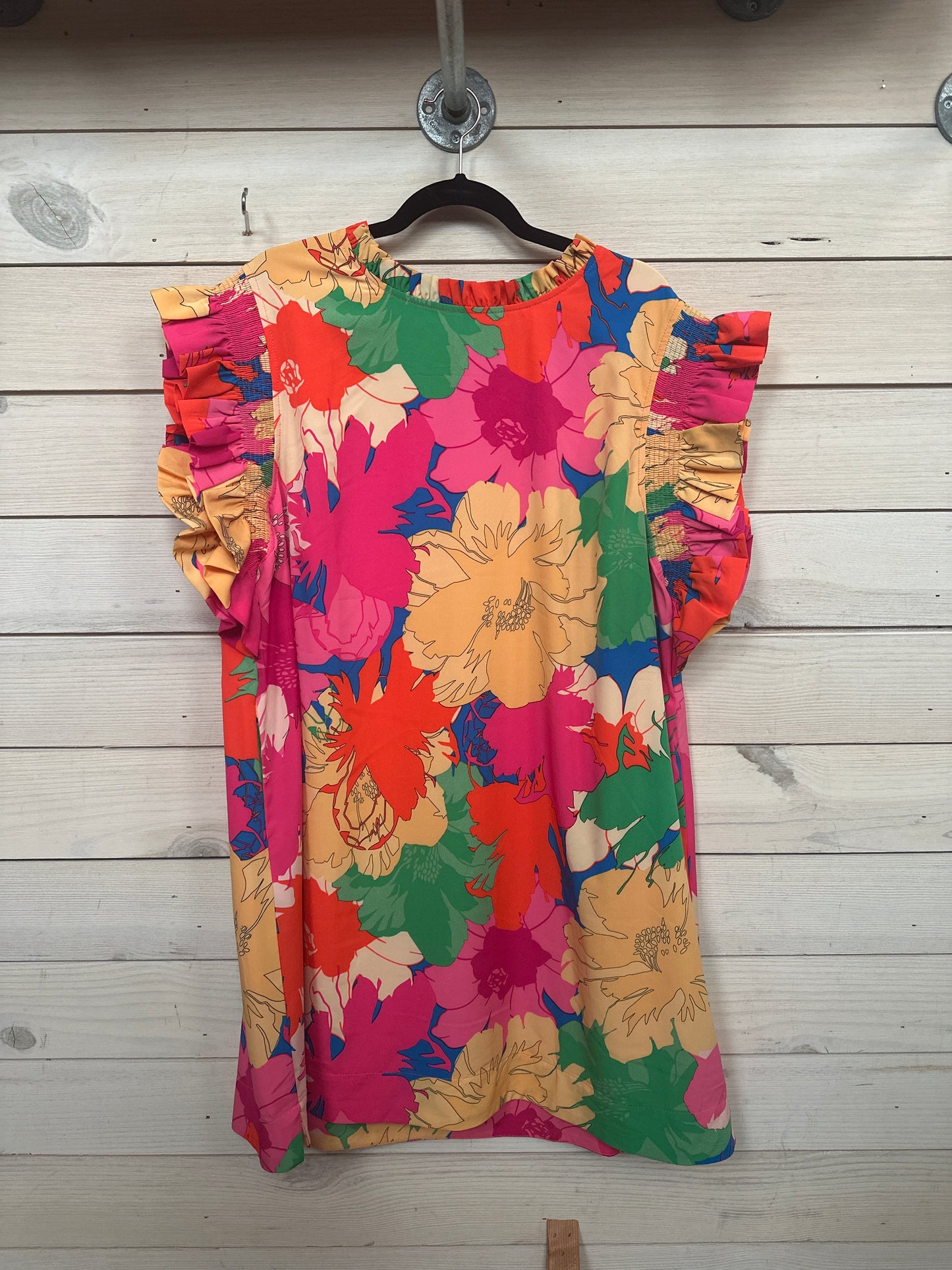BRIGHT FLORAL DRESS W/SMOCKED FLUTTER SLEEVES
