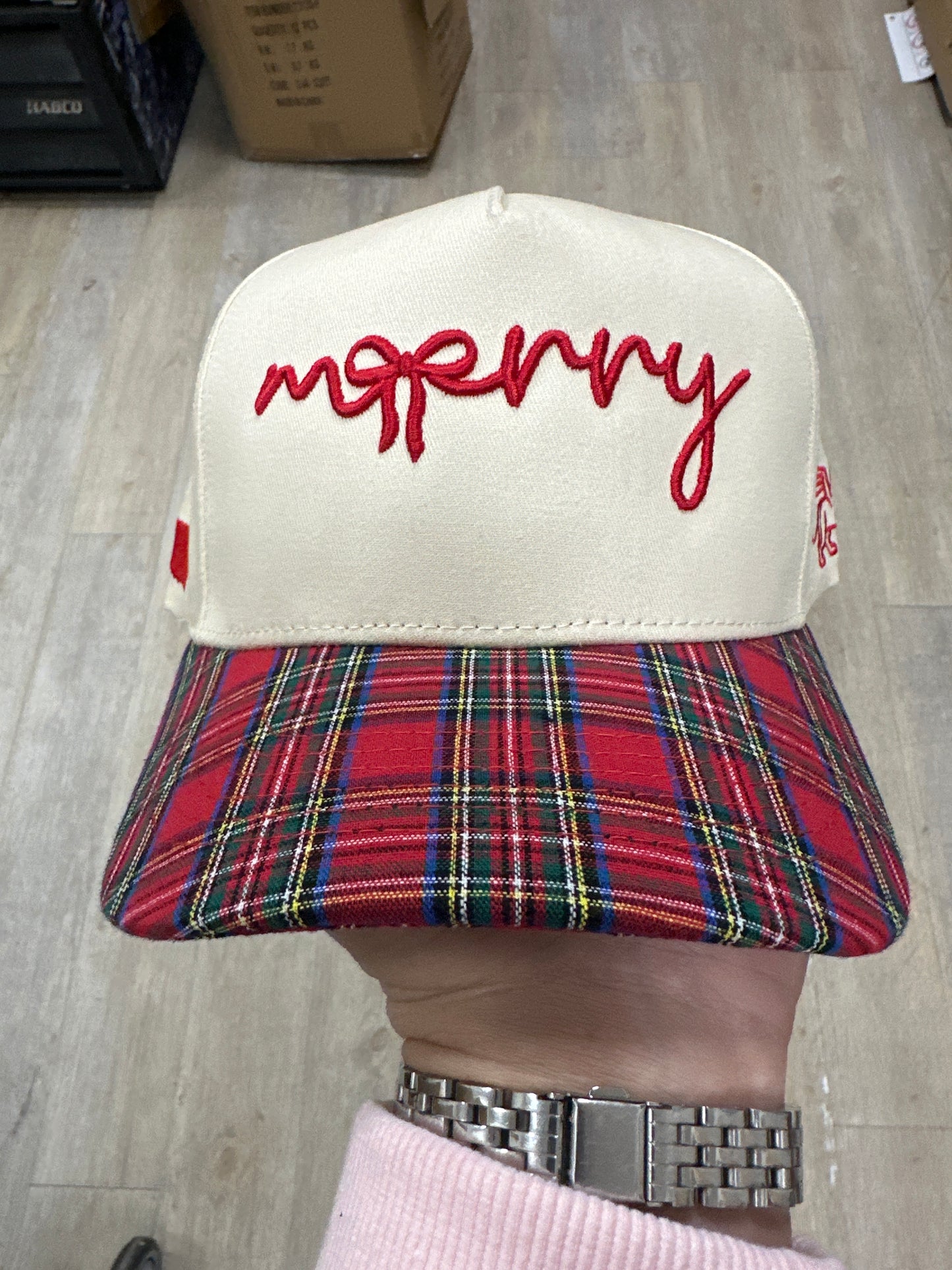 PLAID/IVORY HAT - MERRY WITH BOW
