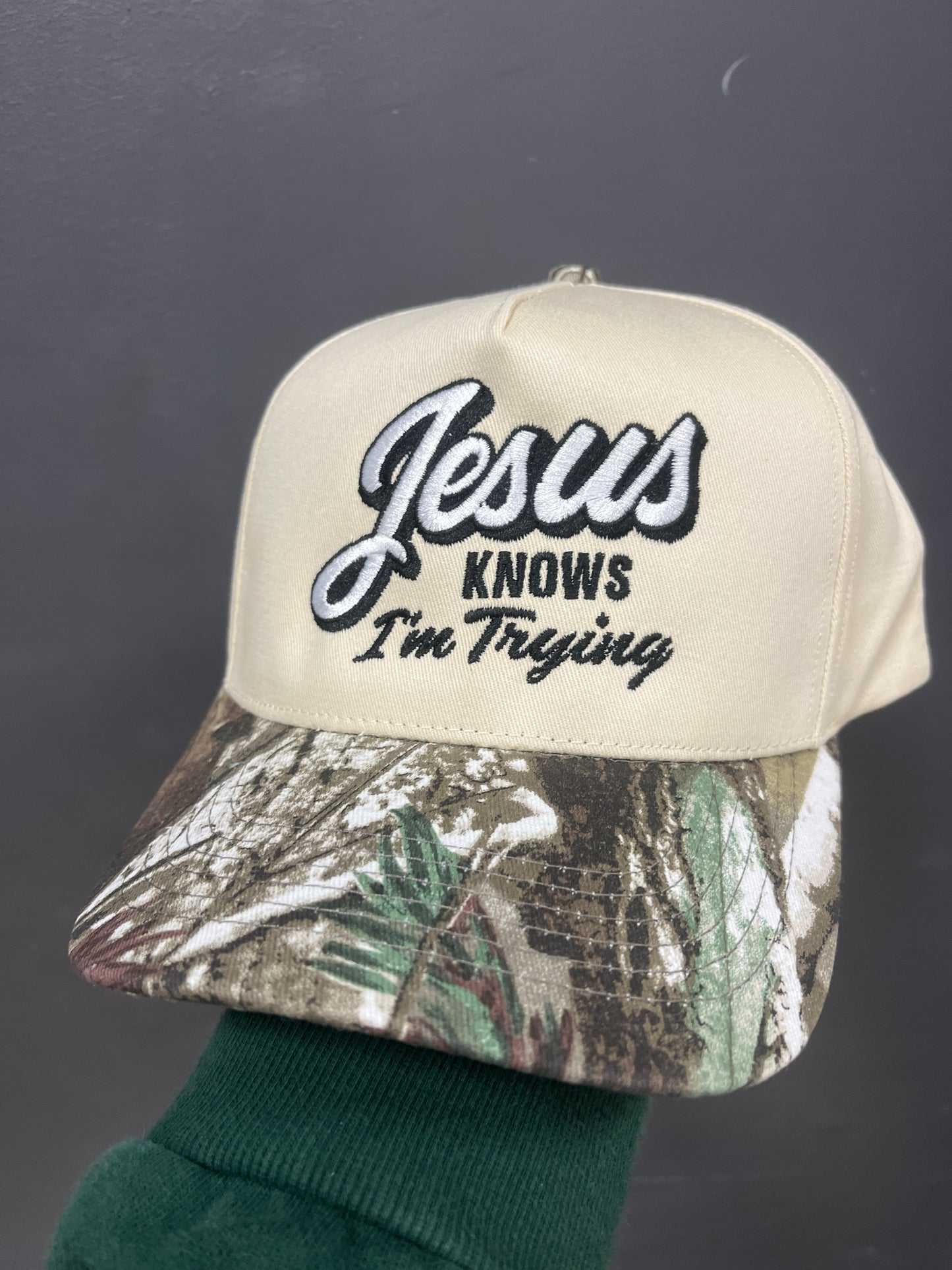 IVORY/CAMO HAT - JESUS KNOWS I'M TRYING