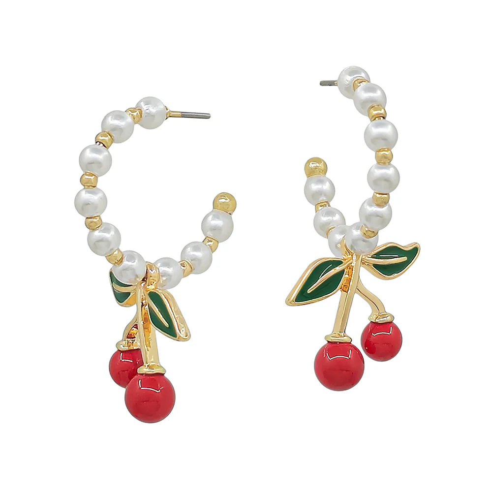 Pearl Small Hoop with Cherry Drop 1" Earring
