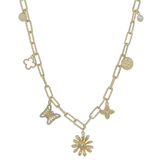 Gold Butterfly, Flower, Clover Charm 16"-18" Necklace