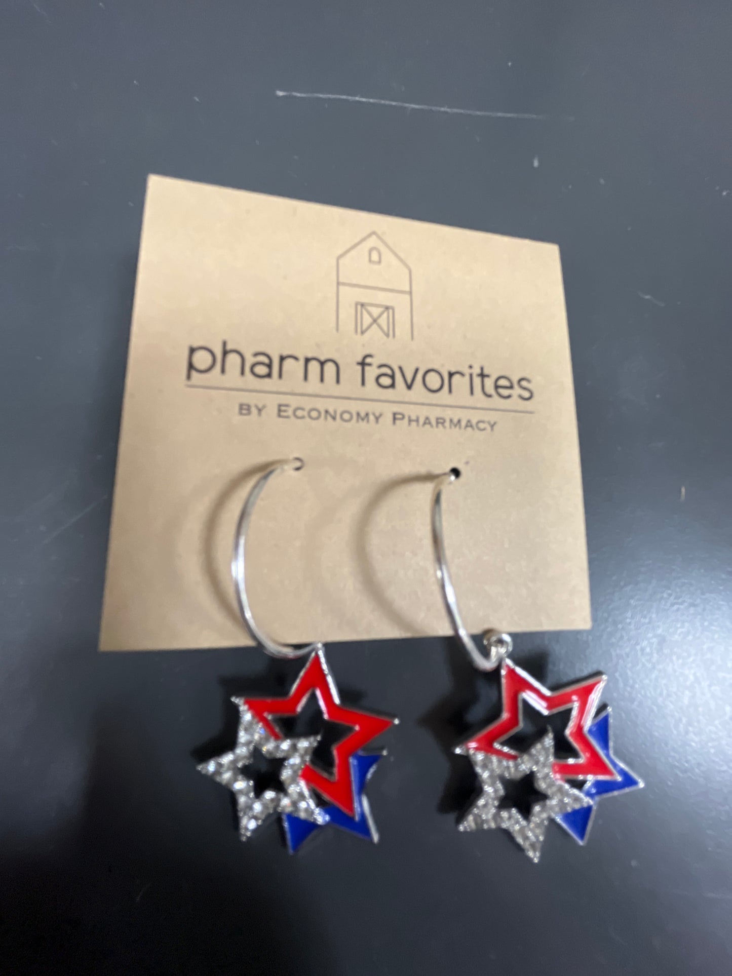 RED BLUE & SILVER STAR HOOP & CHARM EARRINGS