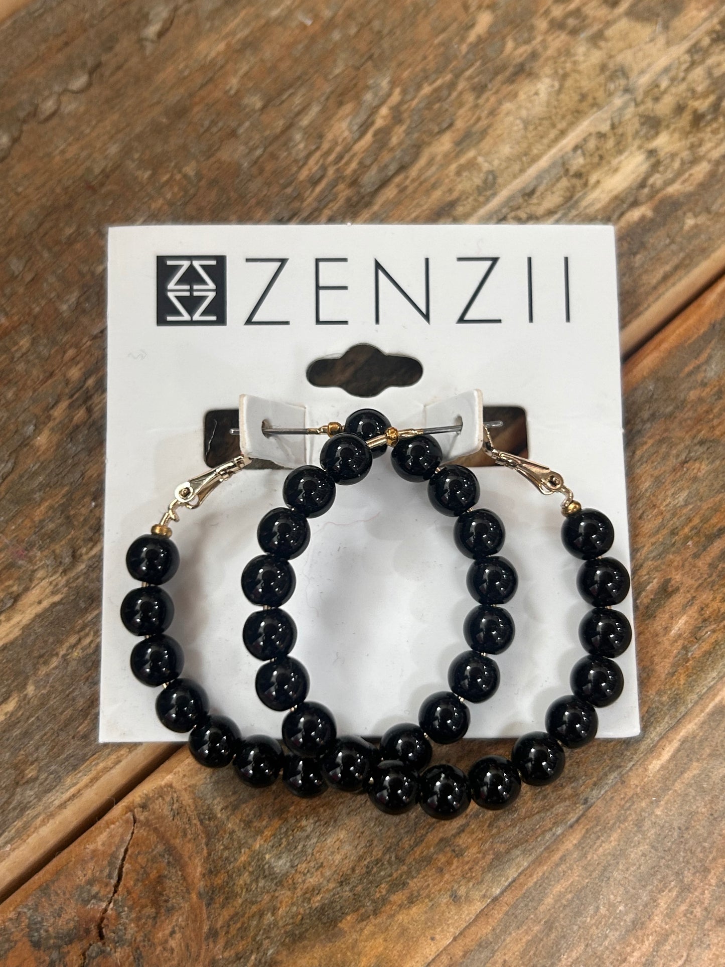 MEDIUM GLASS BEAD HOOP EARRINGS - BLACK