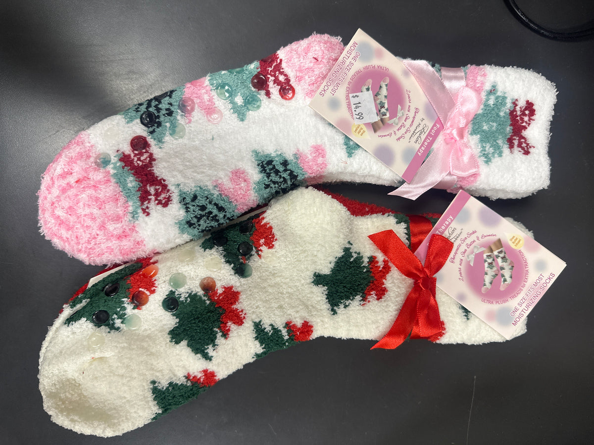 2 PAIR HEATHERED TREE W/BOW THERAPEUTIC SPA SOCKS