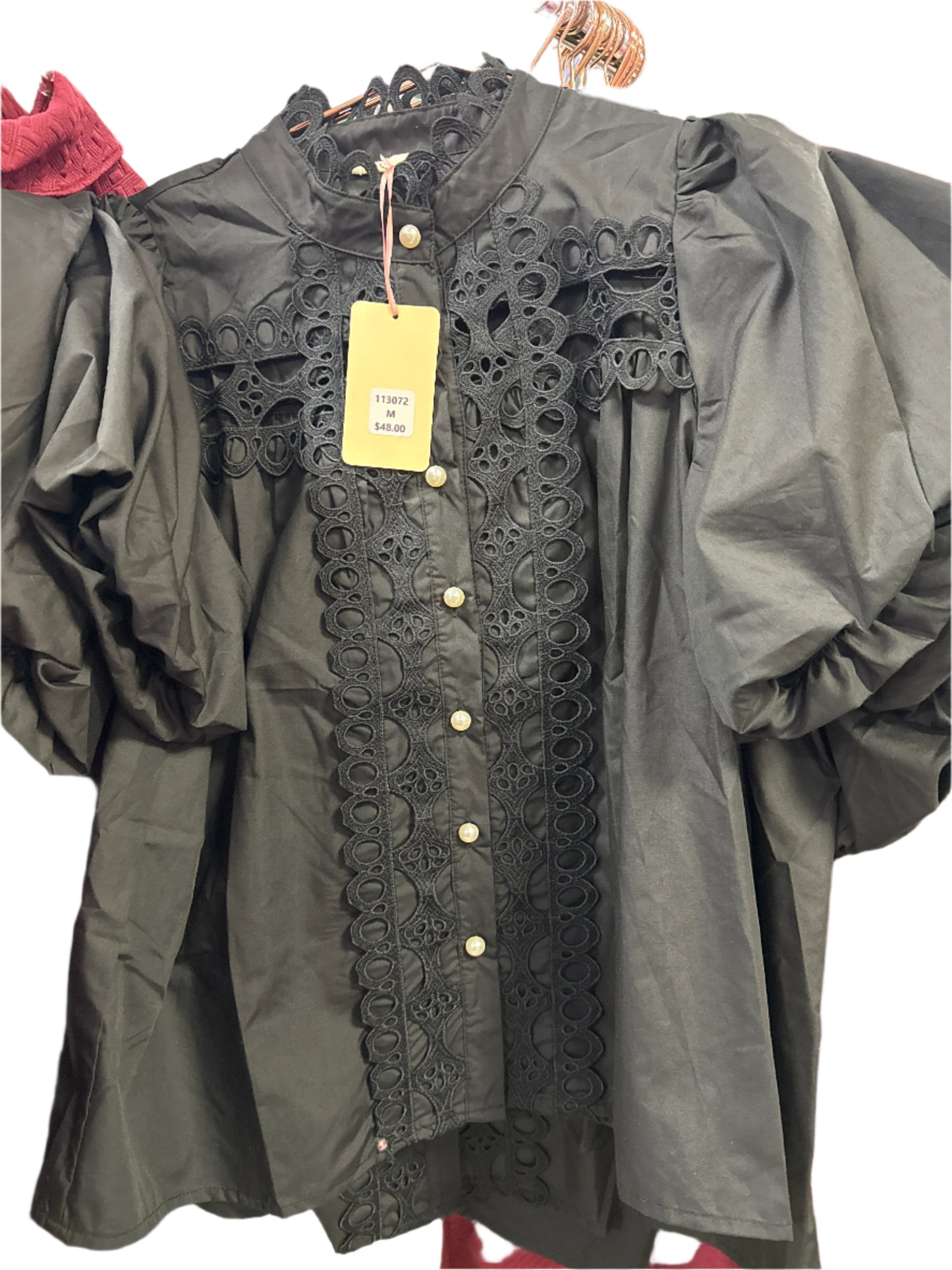 BLACK EYELET TRIM BLOUSE W/PEARL BUTTONS
