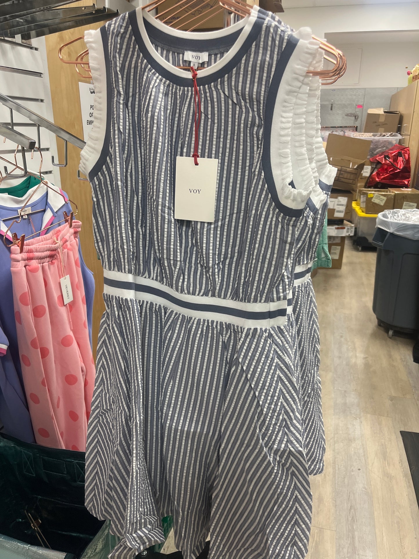 SLATE BLUE RUFFLED RIB BAND DETAILED SLEEVELESS STRIPE DRESS