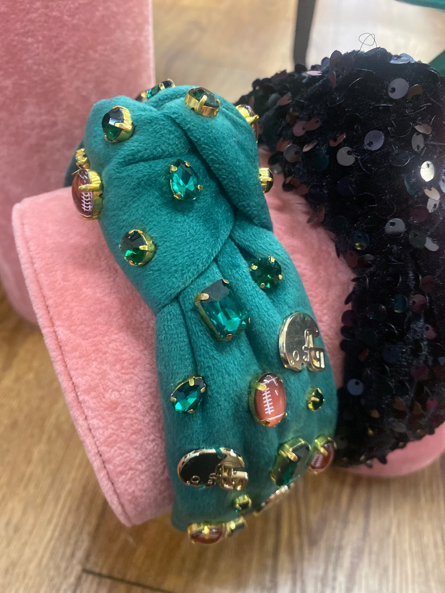 FOOTBALL HEADBAND W/CRYSTALS & CHARMS - GREEN