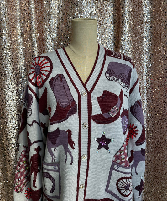 WHITE AND PURPLE WESTERN ICON CARDIGAN