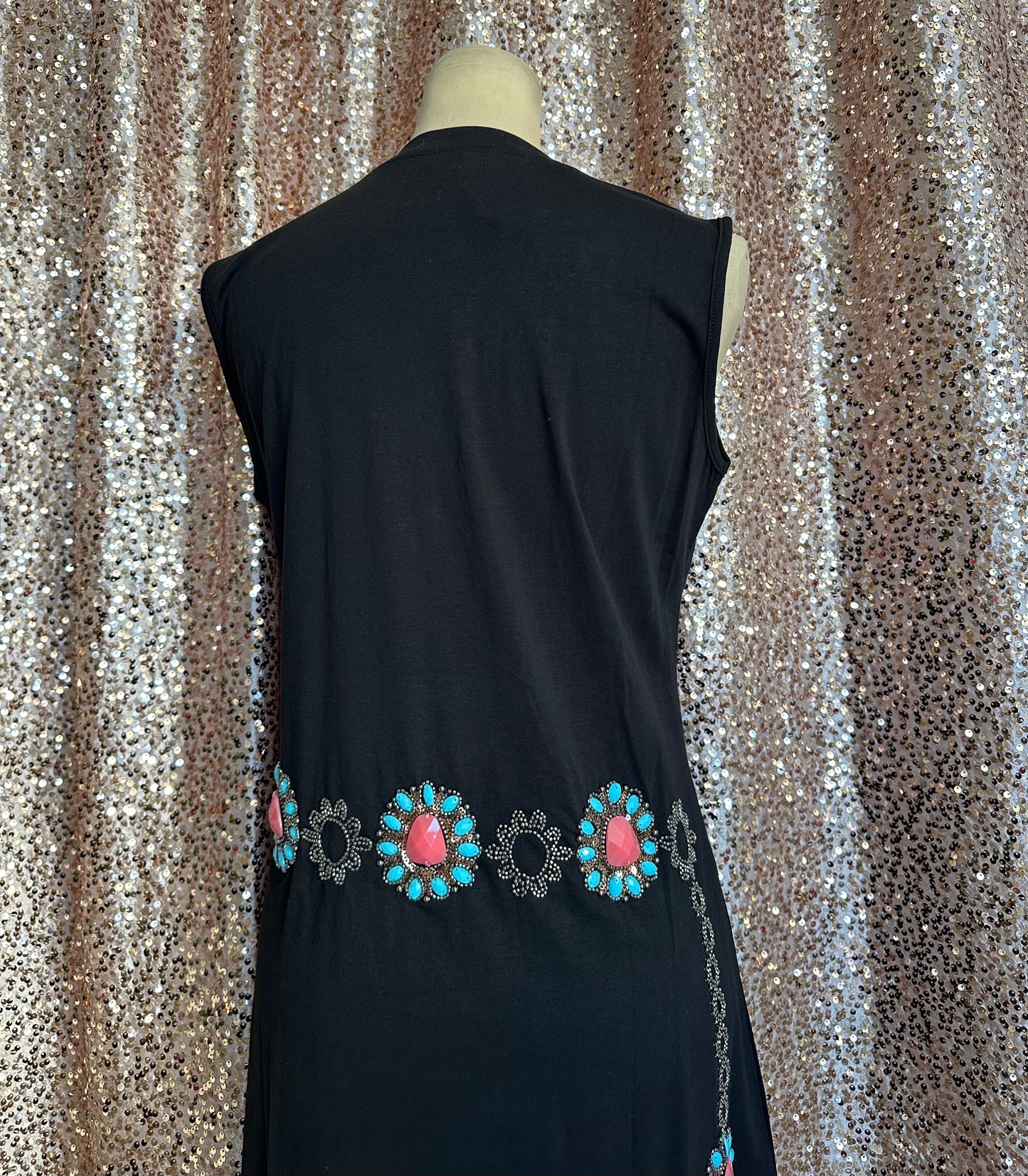BLACK TURQUOISE NECKLACE AND BELT TANK DRESS
