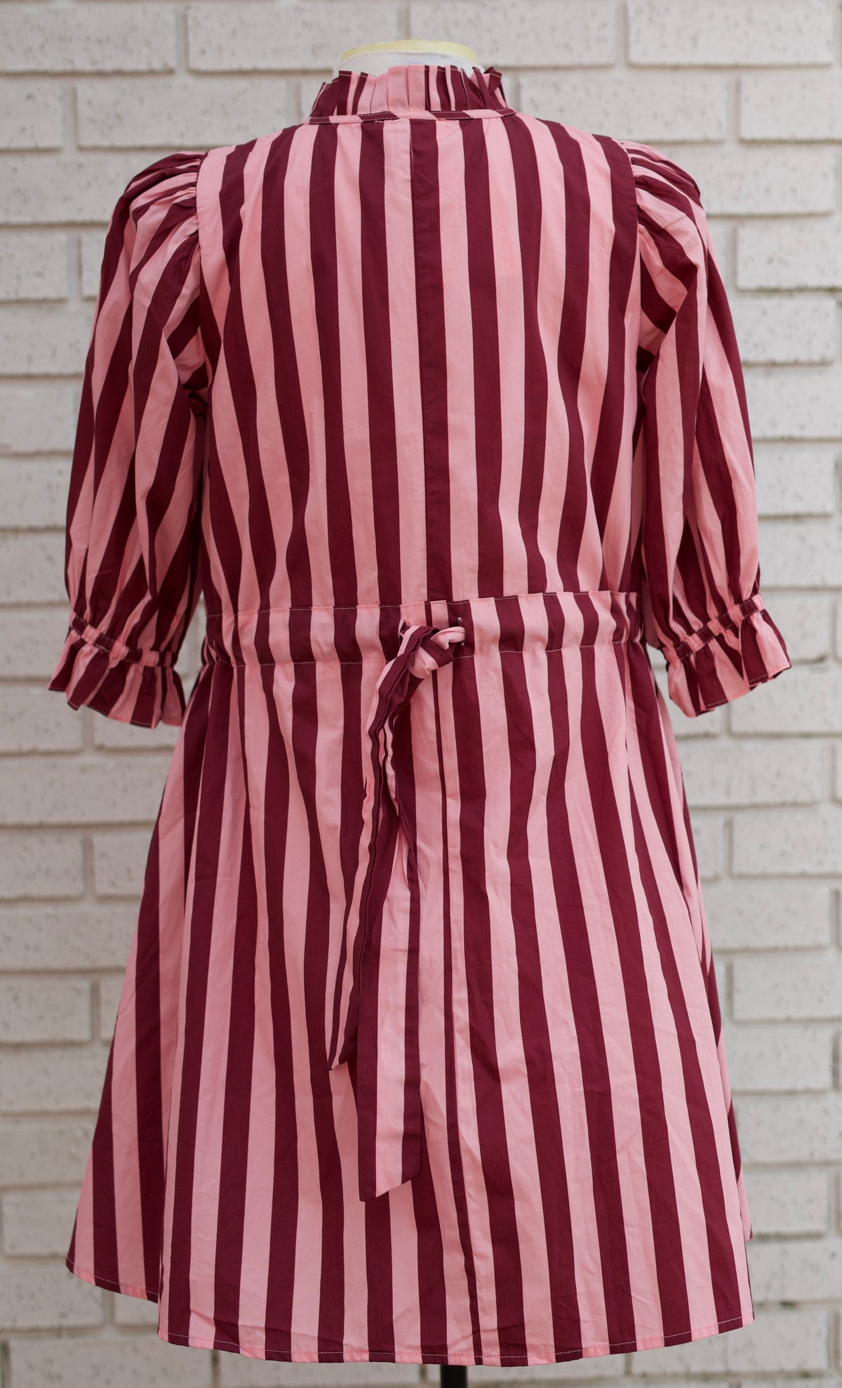 PINK WINE STRIPE 3/4 PUFF SLEEVE MINI DRESS