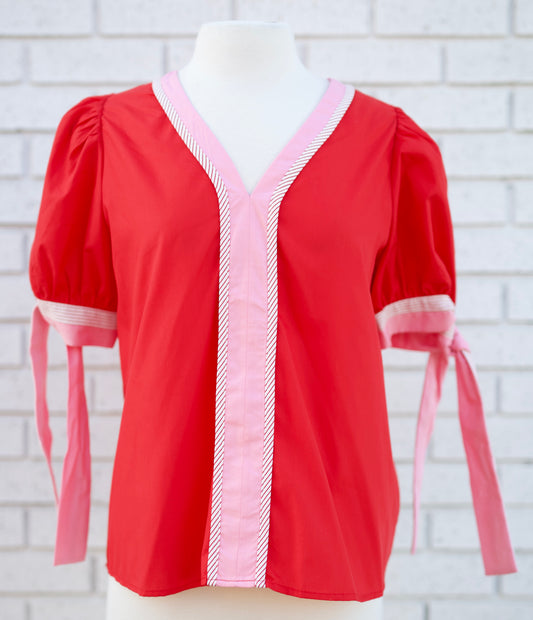 RED PUFF SLEEVE BLOUSE W/STRIPED & PINK TRIM - Pharm Favorites by Economy Pharmacy
