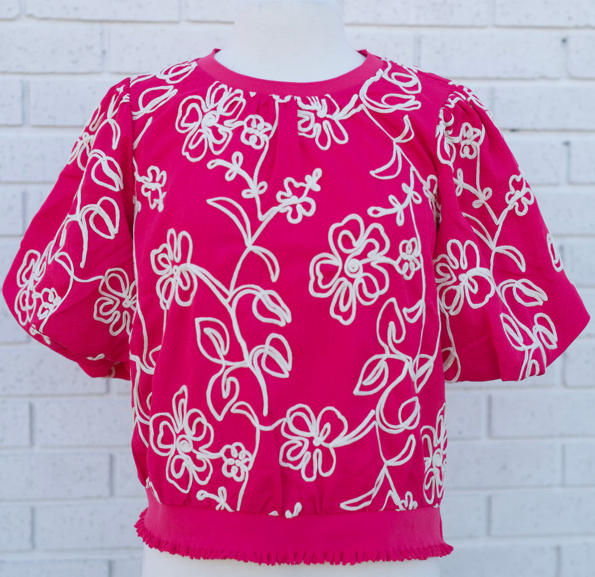 PINK FLORAL EMBROIDERED BUBBLE SLEEVE TOP