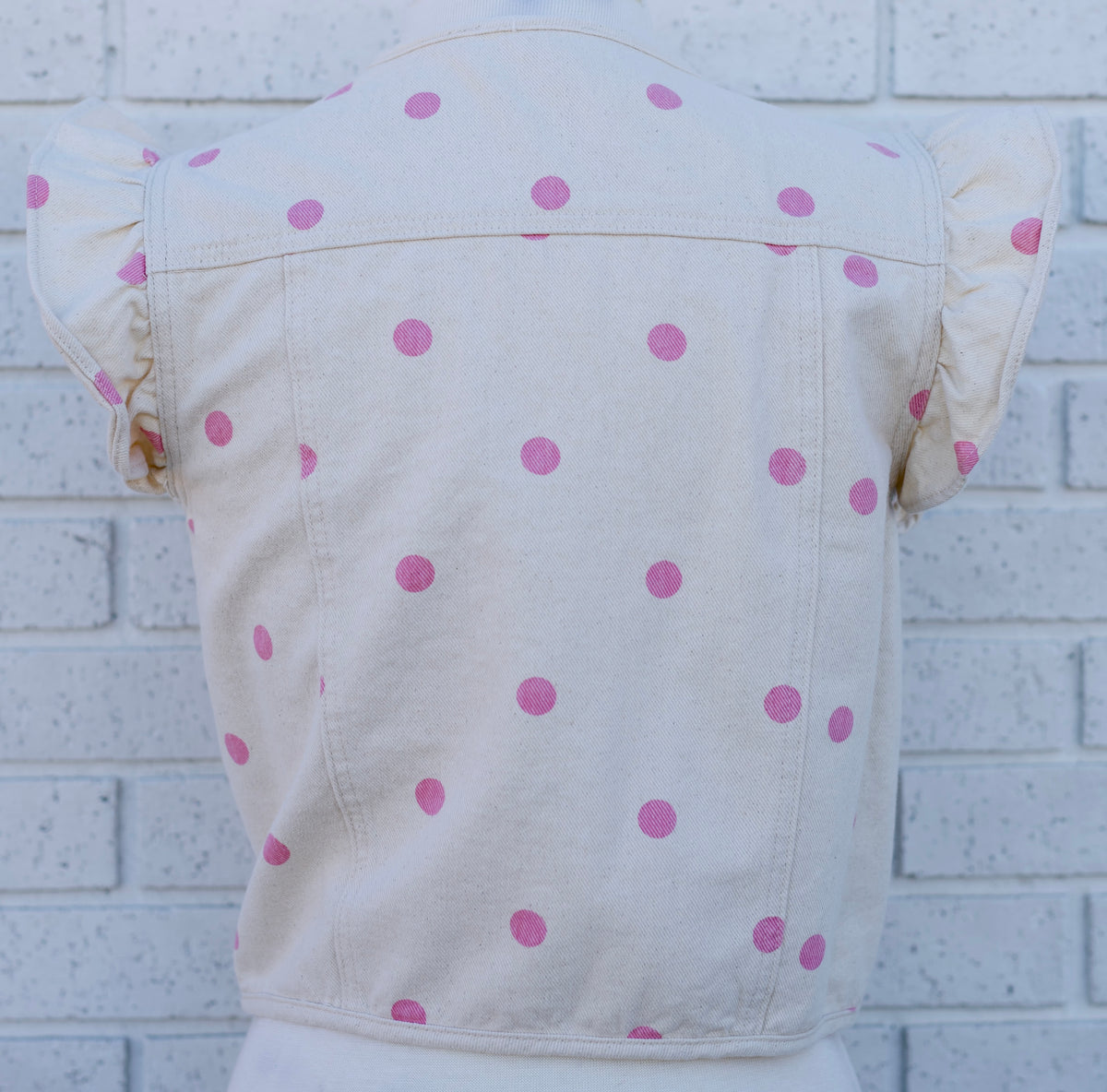 POLKA DOT WASHED TWILL DENIM CROPPED VEST - CREAM/LT. PINK
