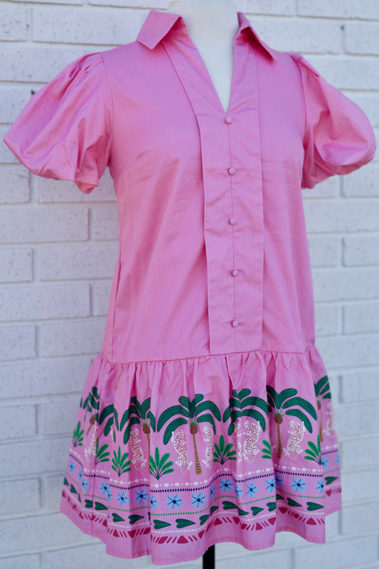 PINK TROPICAL BORDER PUFF SLEEVE MINI DRESS