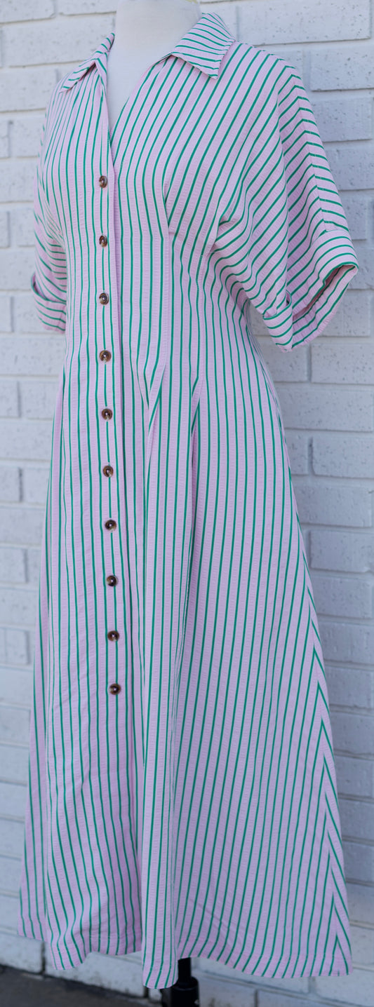 SHORT SLEEVE STRIPED BUTTON DOWN DRESS - PINK/GREEN STRIPED