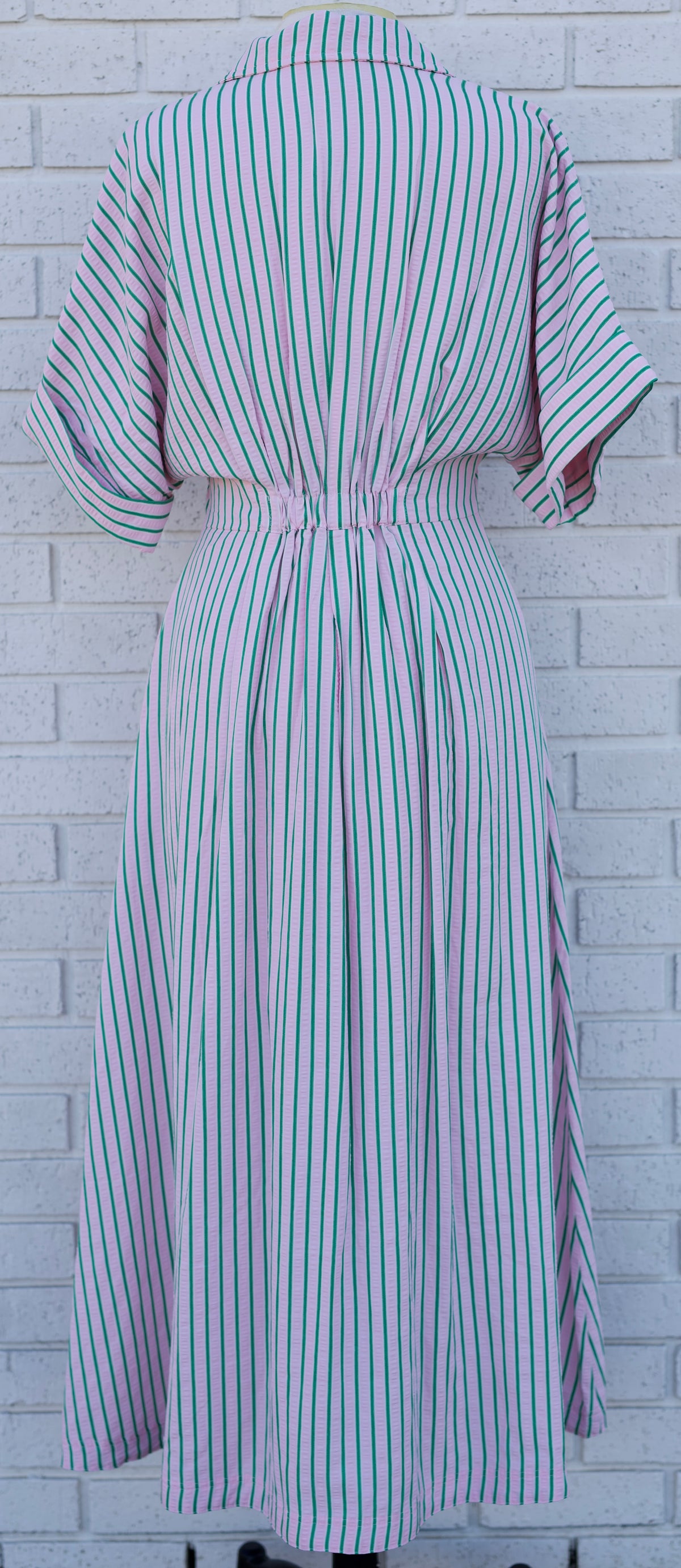 SHORT SLEEVE STRIPED BUTTON DOWN DRESS - PINK/GREEN STRIPED