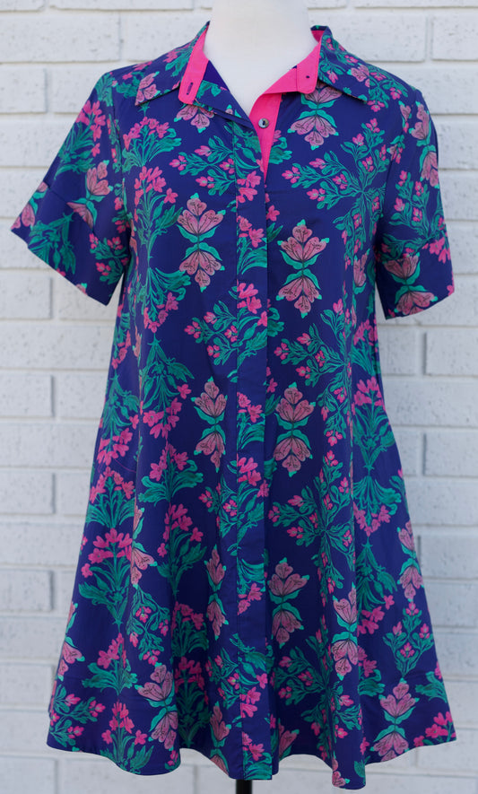 FLORAL PRINT SHORT SLEEVE CONTRAST LINED MINI DRESS