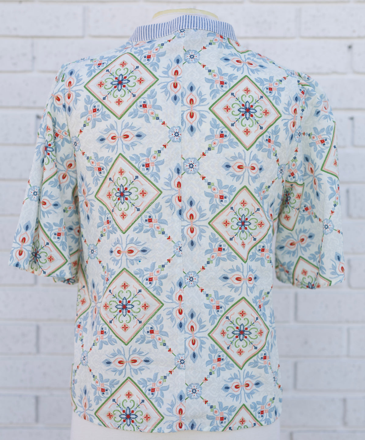 WAVE TRIM SLATE BLUE STRIPED YOKE EMBROIDERY AND PRINTED TOP - Pharm Favorites by Economy Pharmacy
