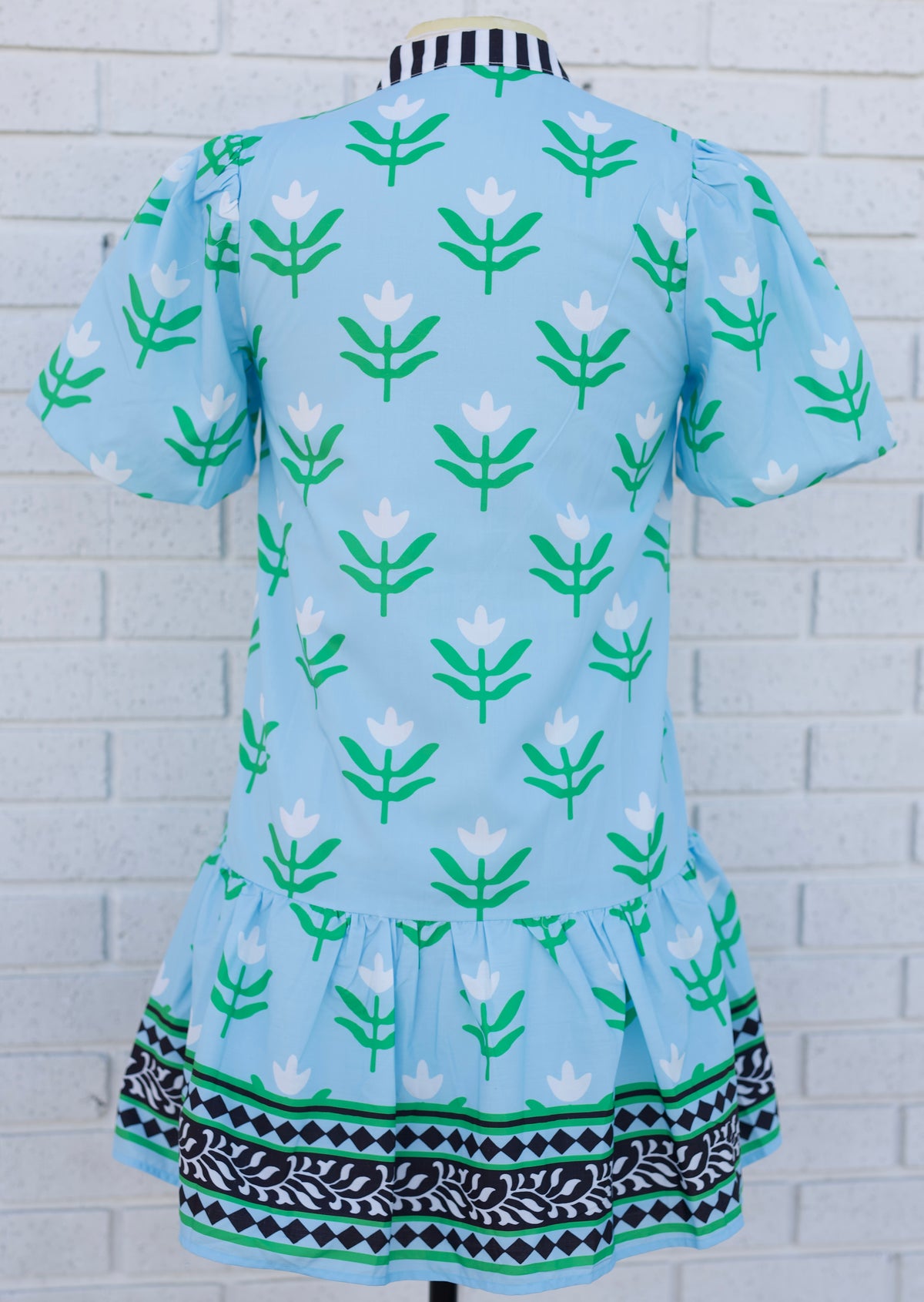 LIGHT BLUE FLORAL PRINT MINI DRESS WITH CONTRAST TRIM