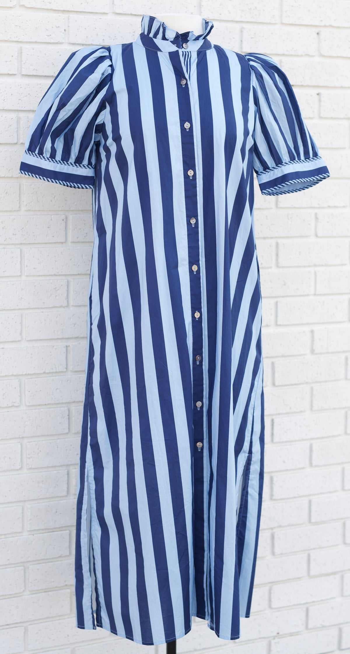 STRIPED PUFF SLEEVE BUTTON DOWN MIDI DRESS - Pharm Favorites by Economy Pharmacy