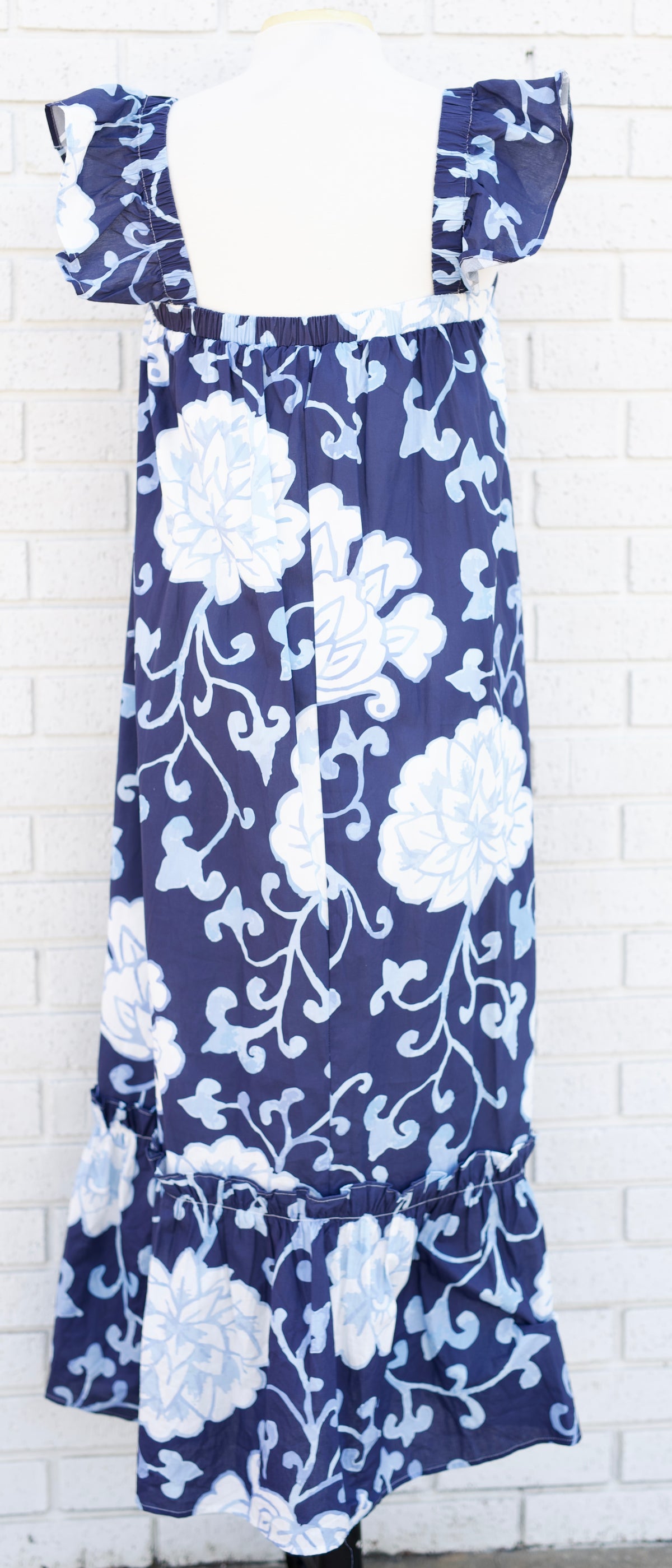 NAVY FLORAL PRINT RUFFLE SLEEVE MAXI DRESS