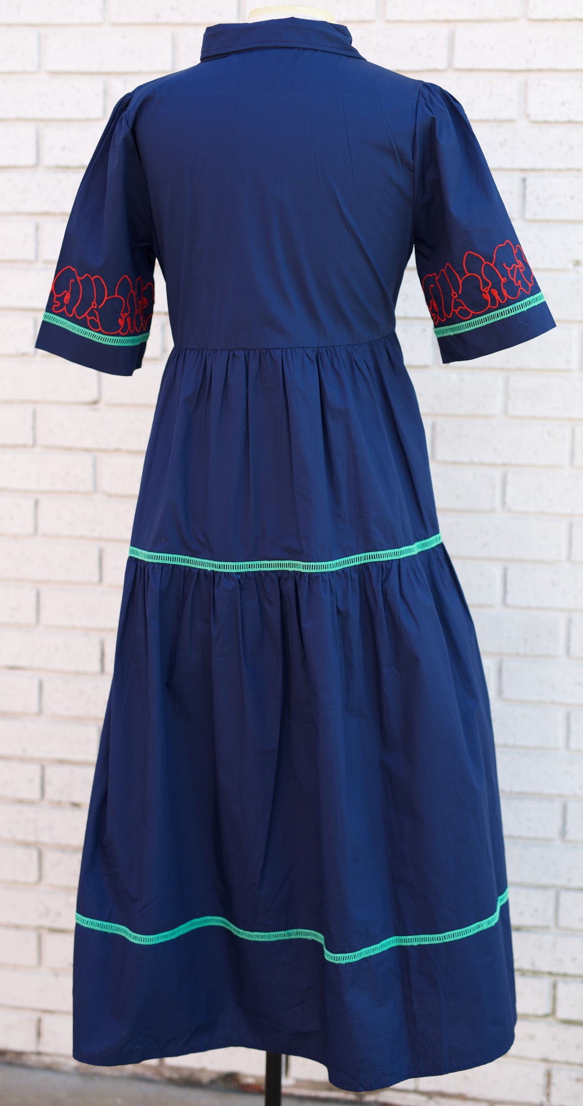 SHORT SLEEVE BUTTON DOWN TIERED MIDI DRESS - NAVY