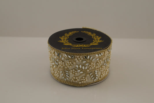 JOHN MARK RIBBON - JEWELED PEARL MIRROR TRIM GOLD/PLATINUM - 2.5"X10YD