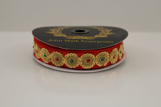 JOHN MARK RIBBON - SEQUIN/JEWEL TRIM OVERLAY METALLIC DUPION RED - 1"X10YD