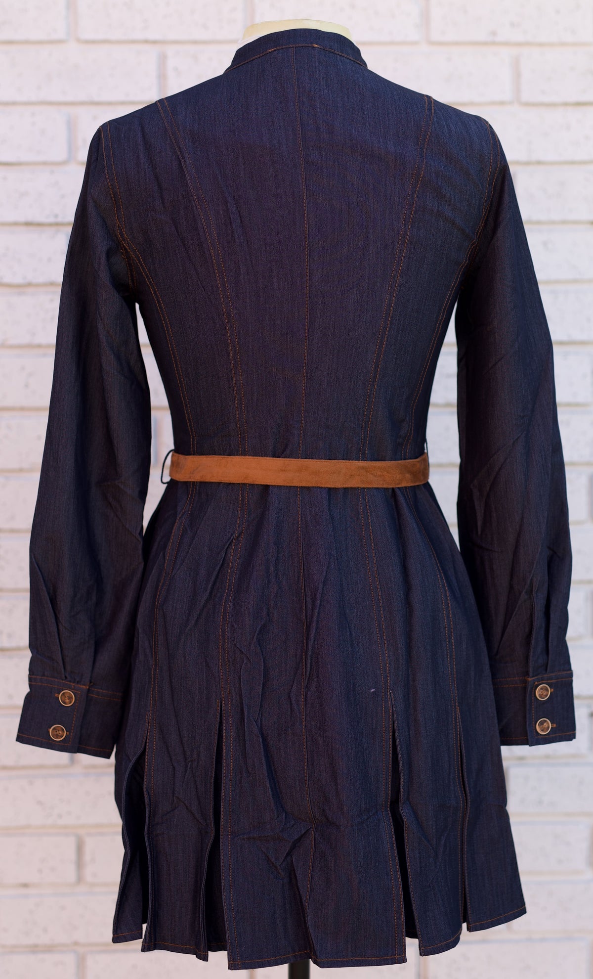 DARK DENIM MINI DRESS WITH FAUX SUEDE BELT