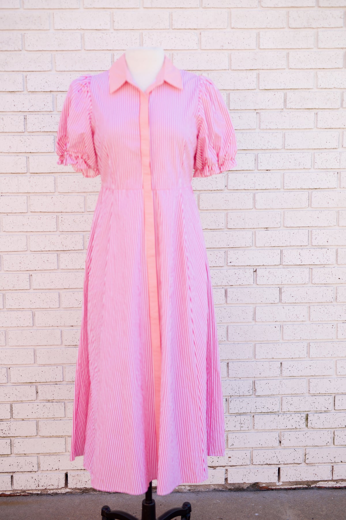 PINK STRIPE PRINT PUFF SLEEVE MIDI DRESS