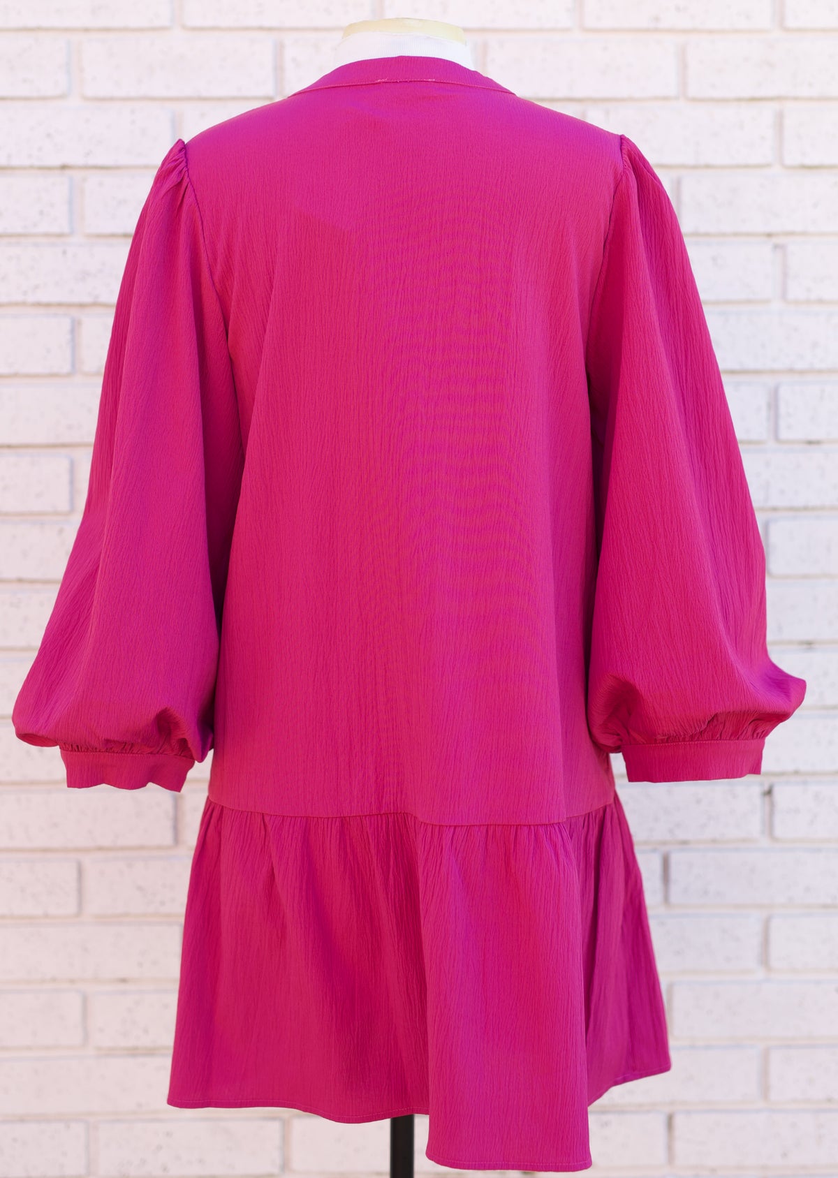 MAGENTA LONG PUFF SLEEVE FLORAL EMBROIDERED DRESS