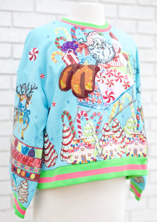AQUA VINTAGE SANTA GINGERBREAD HOUSE SWEATSHIRT