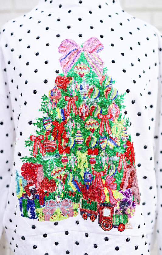 WHITE & BLACK POLKA DOT MULTI CHRISTMAS TREE MOCKNECK SWEATSHIRT