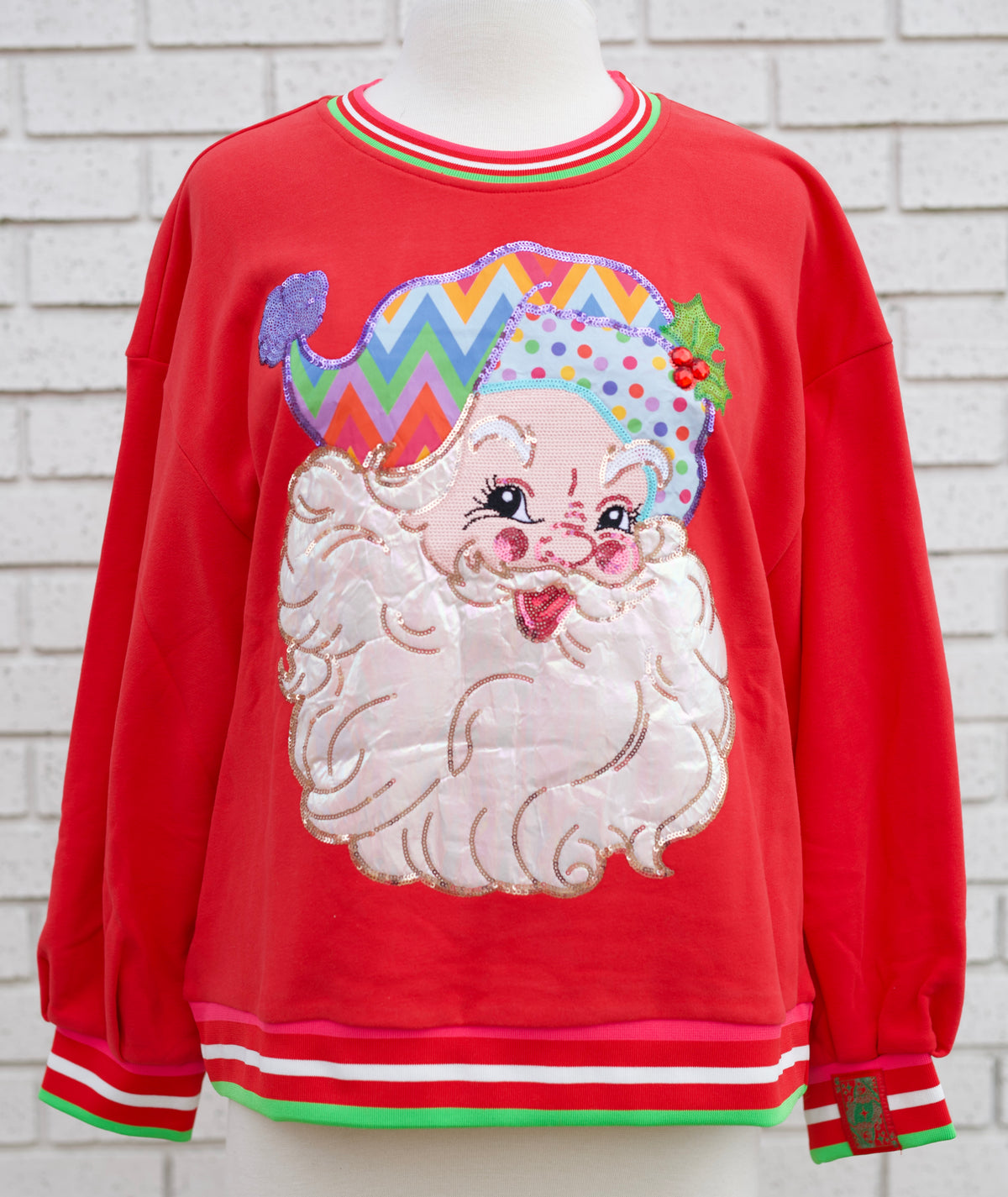 RED MULTI HAT METALLIC SANTA SWEATSHIRT