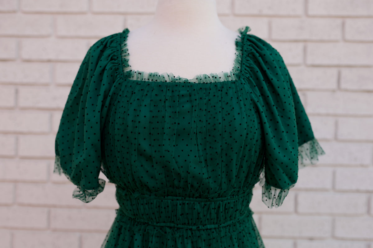 HUNTER GREEN POLKA DOT MESH MIDI DRESS