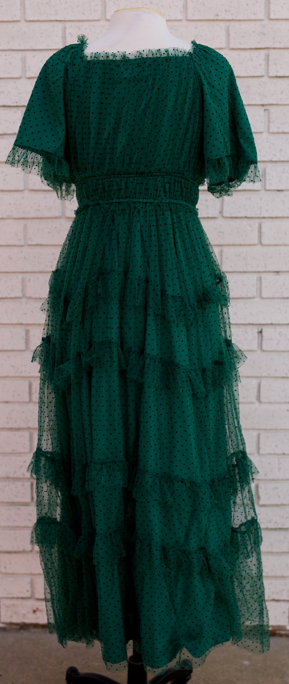 HUNTER GREEN POLKA DOT MESH MIDI DRESS