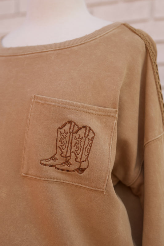 MINERAL WASHED BOOT MOTIFF SWEATSHIRT - MOCHA MOUSSE
